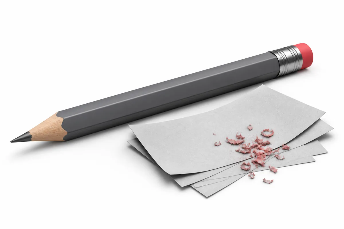 Lápiz gris con goma roja junto a papeles con restos de borrado