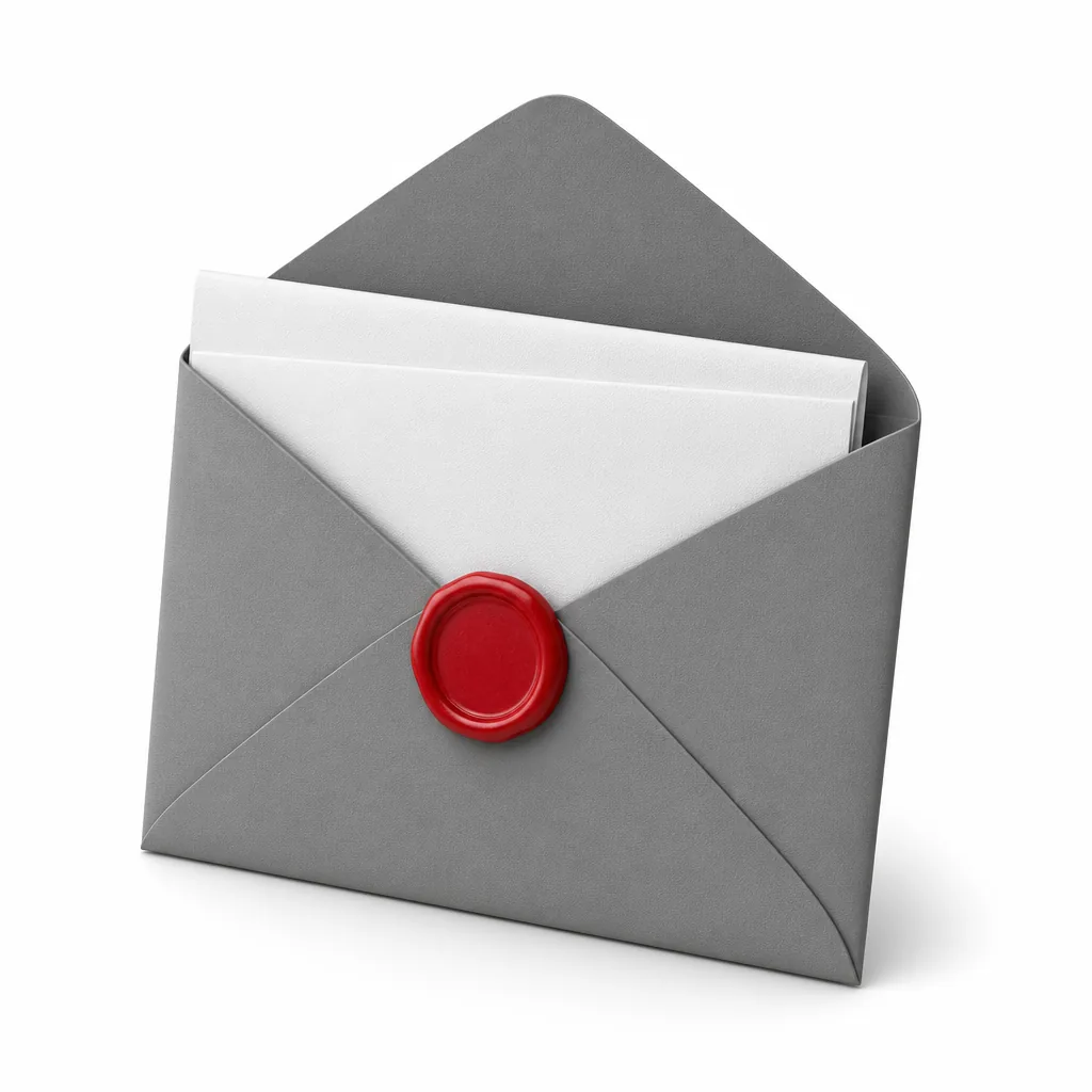 Sobre gris abierto con una carta y un sello rojo