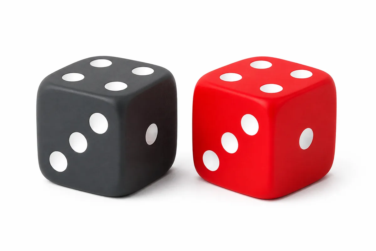 Dos dados enfrentados, uno gris oscuro y uno rojo