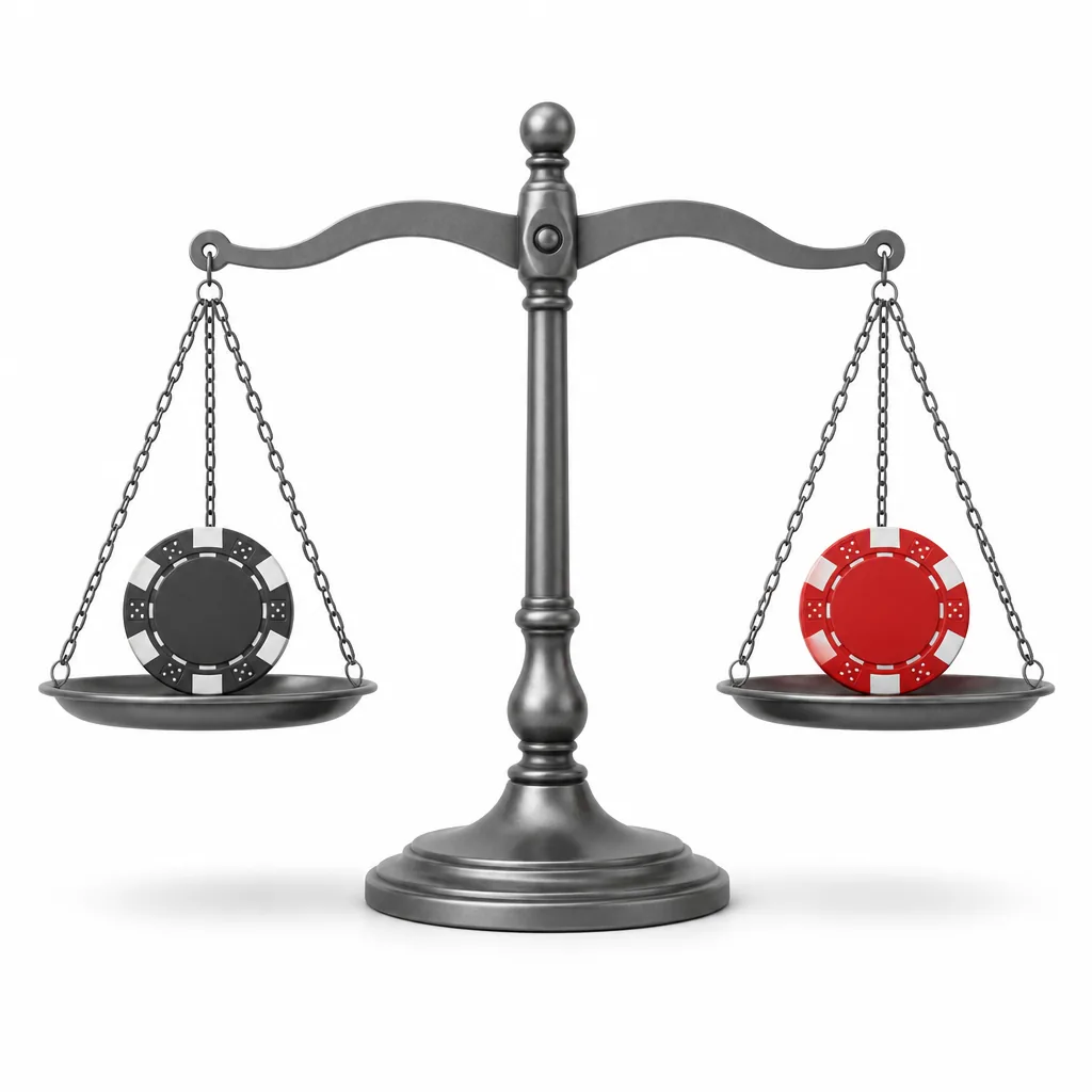 Balanza de dos platos con una ficha gris y una ficha roja en equilibrio