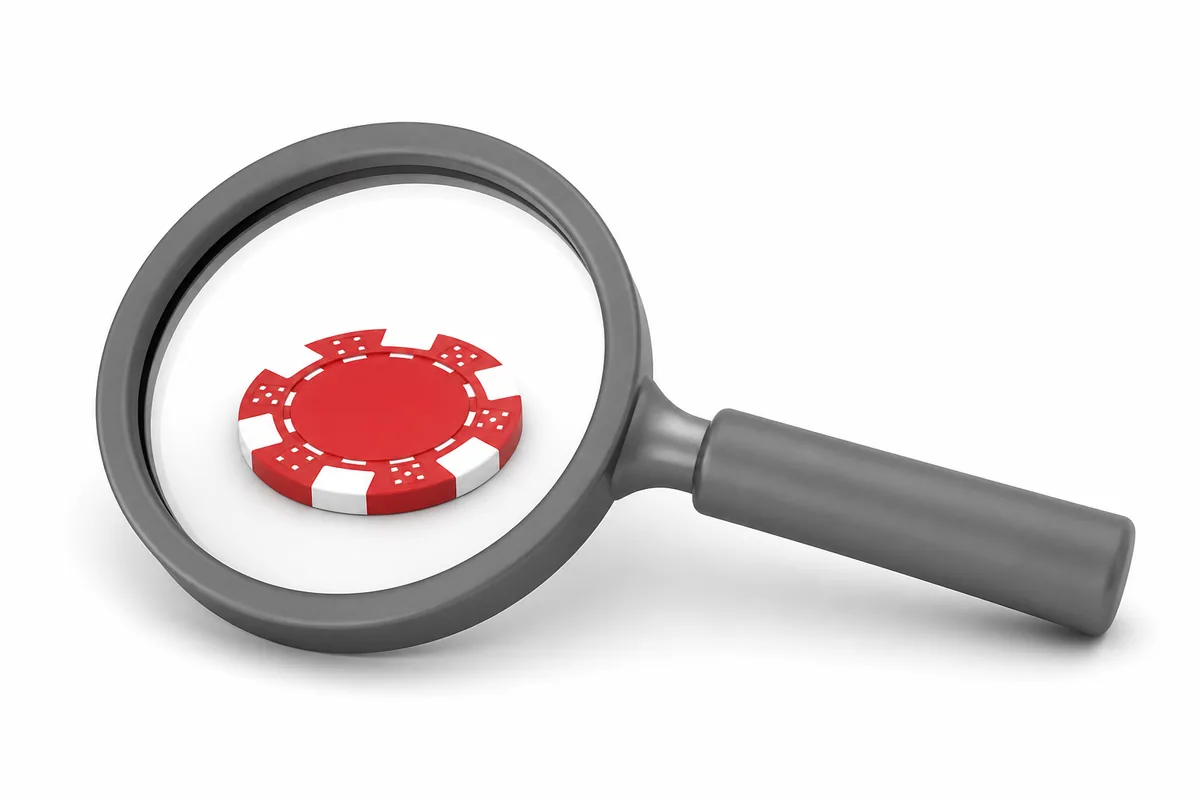 Lupa gris ampliando una ficha de casino roja