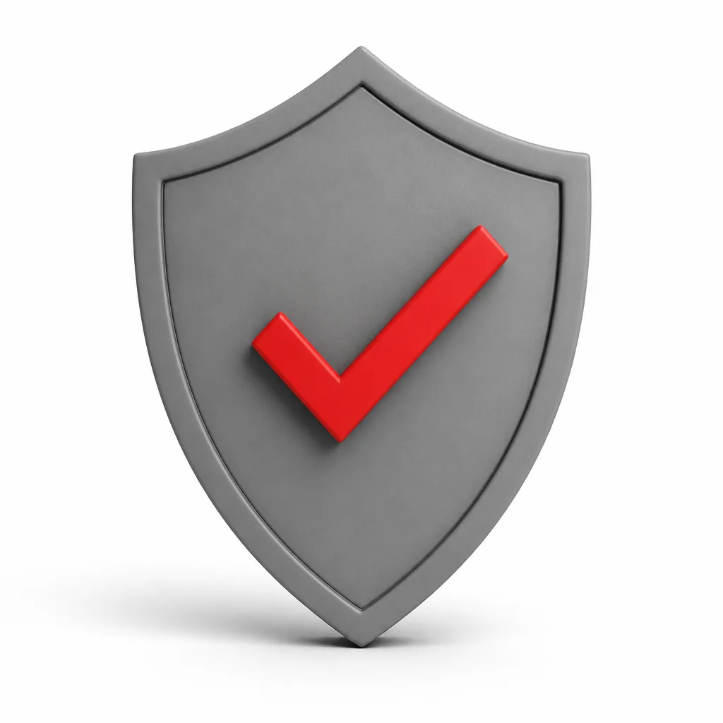 Escudo gris con una tilde roja, símbolo de verificación